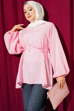 Balloon Sleeve Tensile Belted Tunic Pink