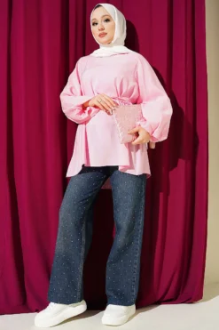 Vue alternative de Balloon Sleeve Tensile Belted Tunic Pink