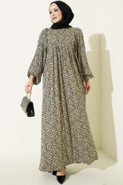 Balloon Sleeve Printed Dress Beige