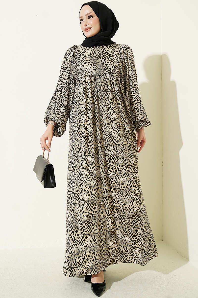 Balloon Sleeve Printed Dress Beige