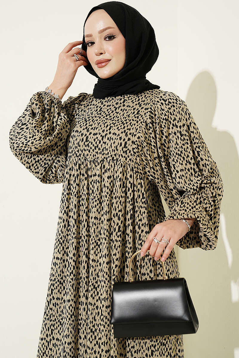 Balloon Sleeve Printed Dress Beige - Imagen 2