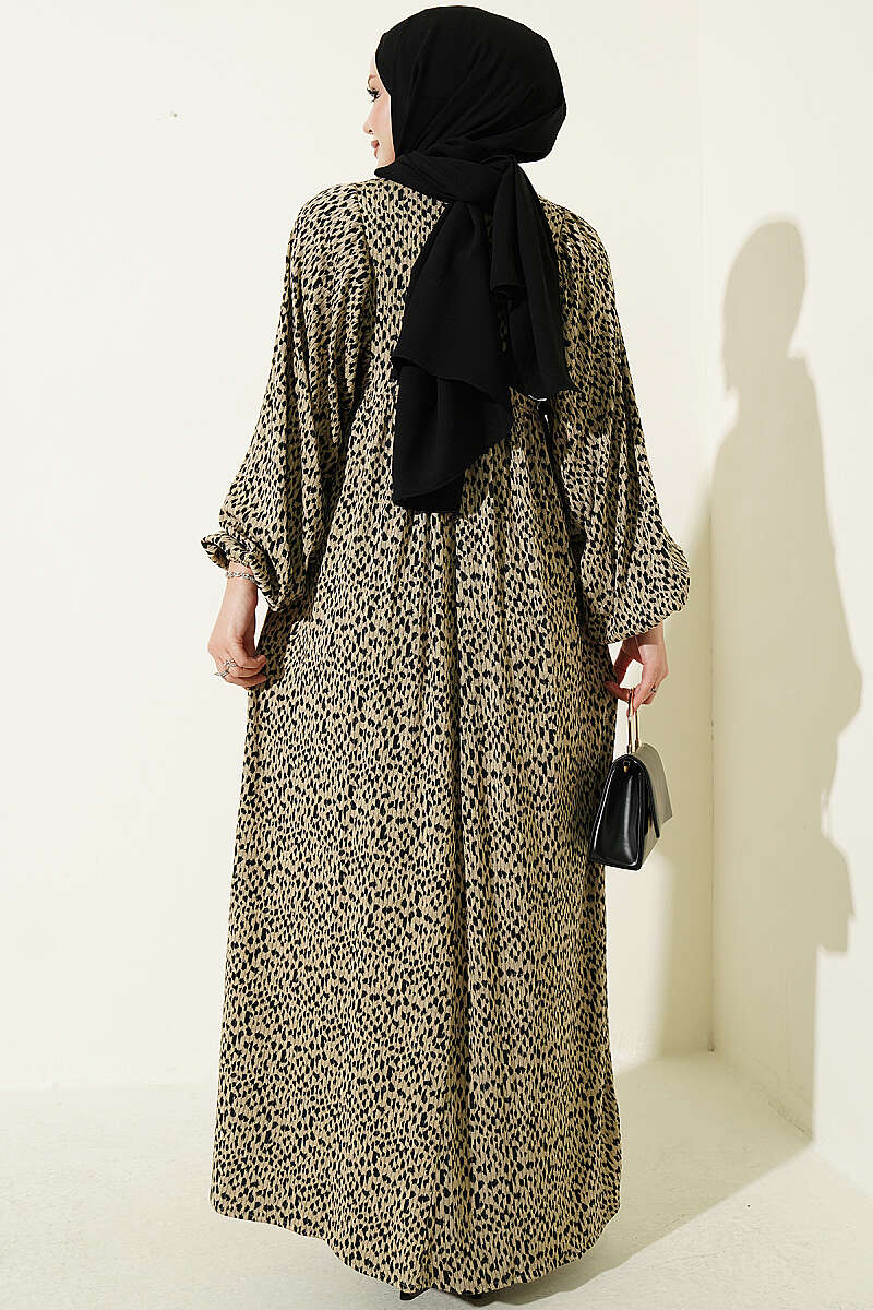 Balloon Sleeve Printed Dress Beige - Imagen 3