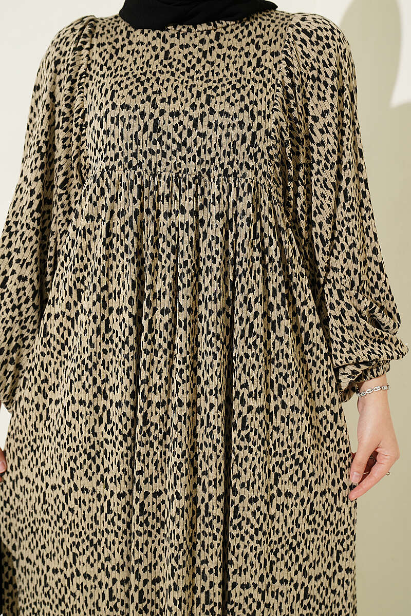 Balloon Sleeve Printed Dress Beige - Imagen 4