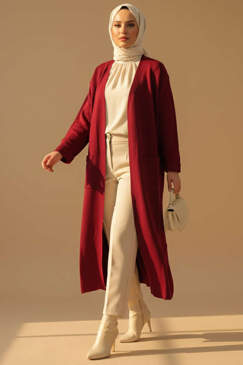 Basic Long Knit Cardigan with Double Pockets Burgundy