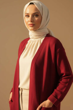 Alternative view of Basic Long Knit Cardigan with Double Pockets Burgundy