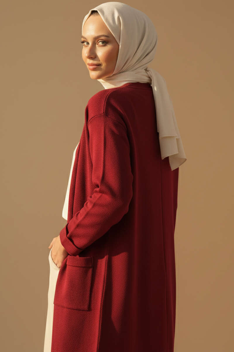 Basic Long Knit Cardigan with Double Pockets Burgundy - Image 3