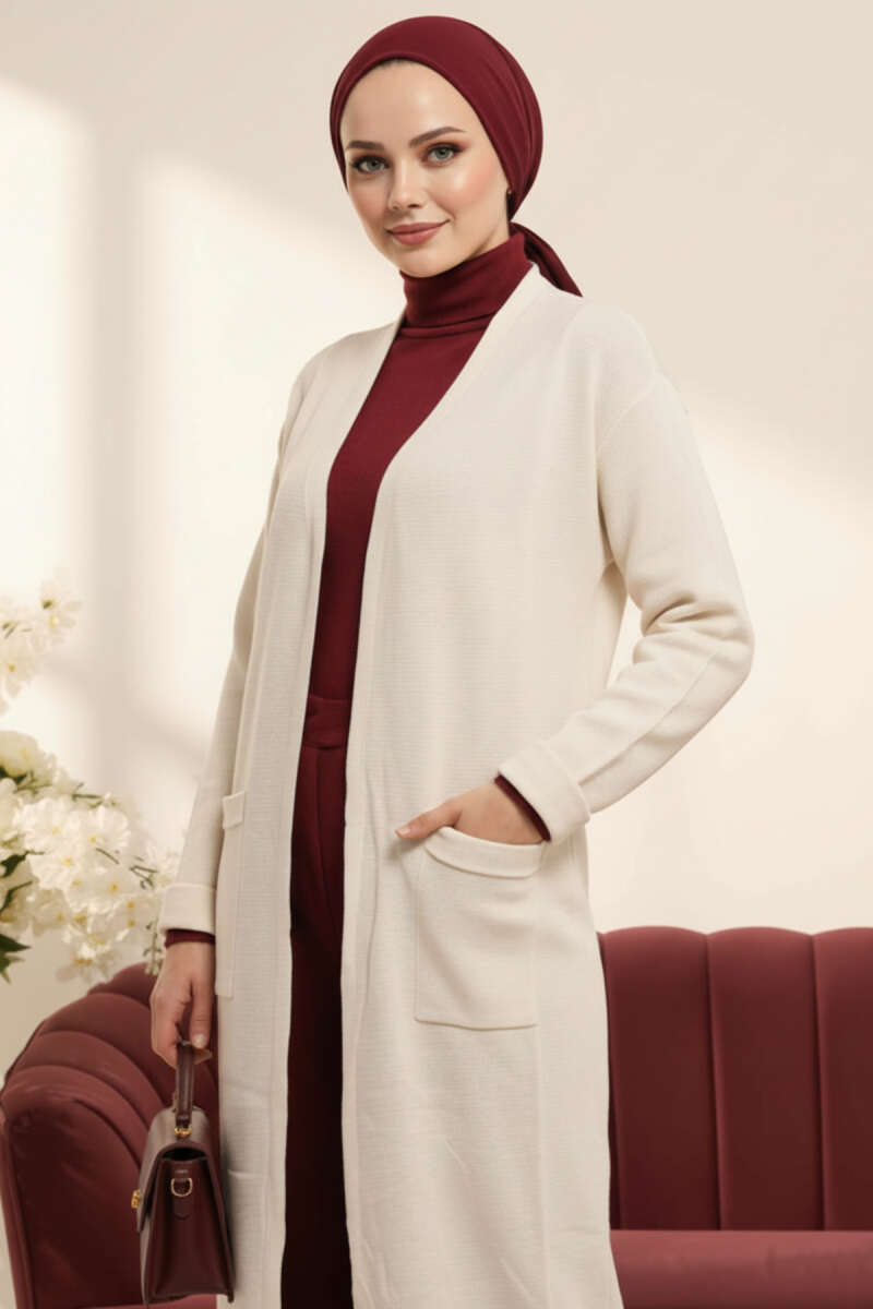 Basic Long Knit Cardigan with Double Pockets Ecru