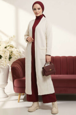 Alternative view of Basic Long Knit Cardigan with Double Pockets Ecru
