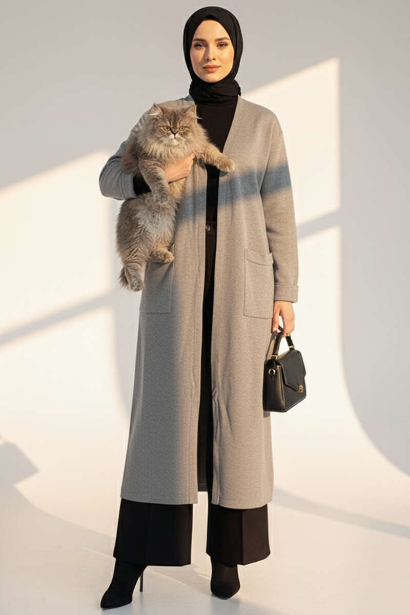 Basic Long Knit Cardigan with Double Pockets Grey