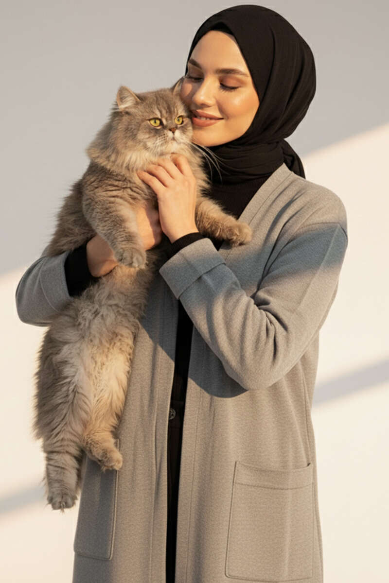 Basic Long Knit Cardigan with Double Pockets Grey – Image 2