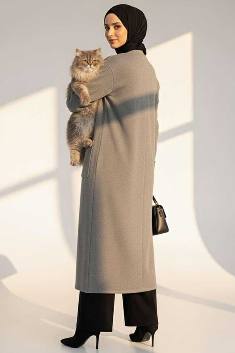 Basic Long Knit Cardigan with Double Pockets Grey – Image 3
