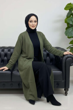 Alternative view of Basic Long Knit Cardigan with Double Pockets Khaki