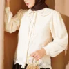Embroidered Detail Peter Pan Collar Shirt Beige