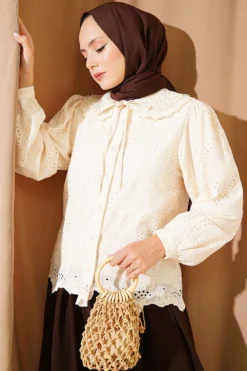 Embroidered Detail Peter Pan Collar Shirt Beige