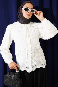 Embroidered Detail Peter Pan Collar Shirt Ecru