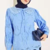 Embroidered Detail Peter Pan Collar Shirt Blue