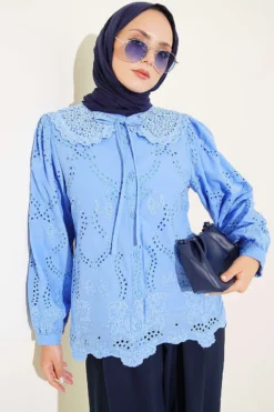 Embroidered Detail Peter Pan Collar Shirt Blue