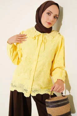 Embroidered Detail Peter Pan Collar Shirt Yellow