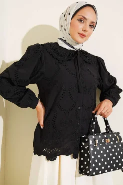 Embroidered Detail Peter Pan Collar Shirt Black