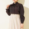 Short Blouse with Baby Collar and Lace Details Dark Brown