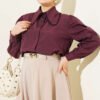Short Blouse with Baby Collar and Lace Details Plum
