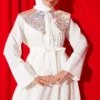 Belted Dress with Baby Collar and Inner Layer Ecru