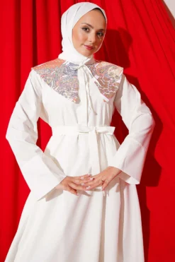 Belted Dress with Baby Collar and Inner Layer Ecru