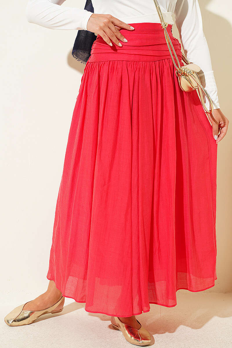 Gathered Waist Detail Hem Edge Skirt Alizarin