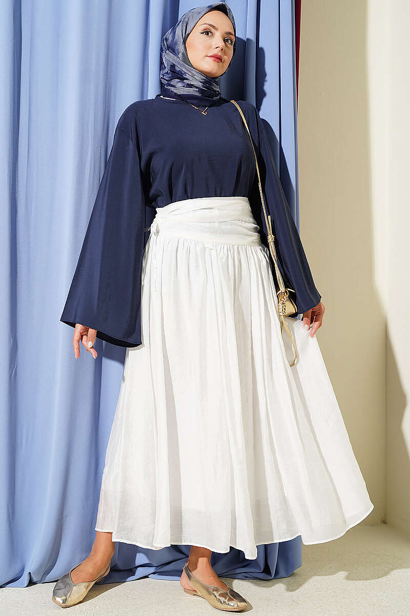 Gathered Waist Detail Hem Edge Skirt White – Bild 2