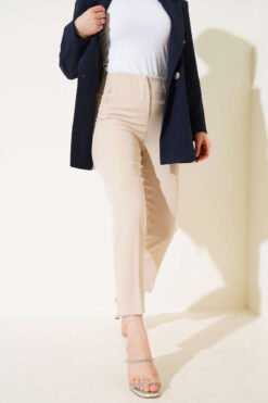High-Waisted Slim Fit Fabric Trousers Beige