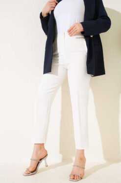 High-Waisted Slim Fit Fabric Trousers White
