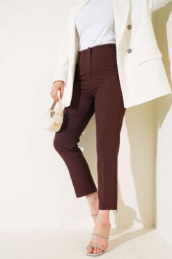 High-Waisted Slim Fit Fabric Trousers Brown