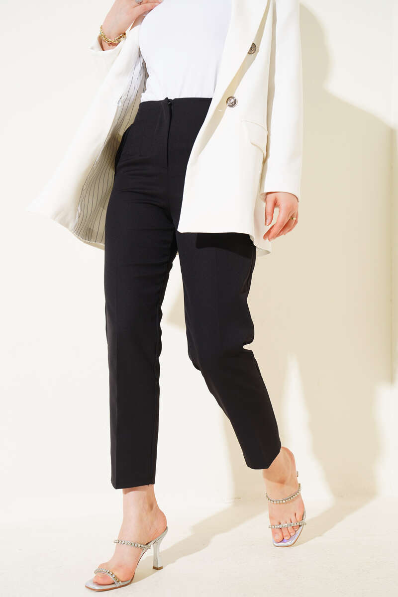 High-Waisted Slim Fit Fabric Trousers Black