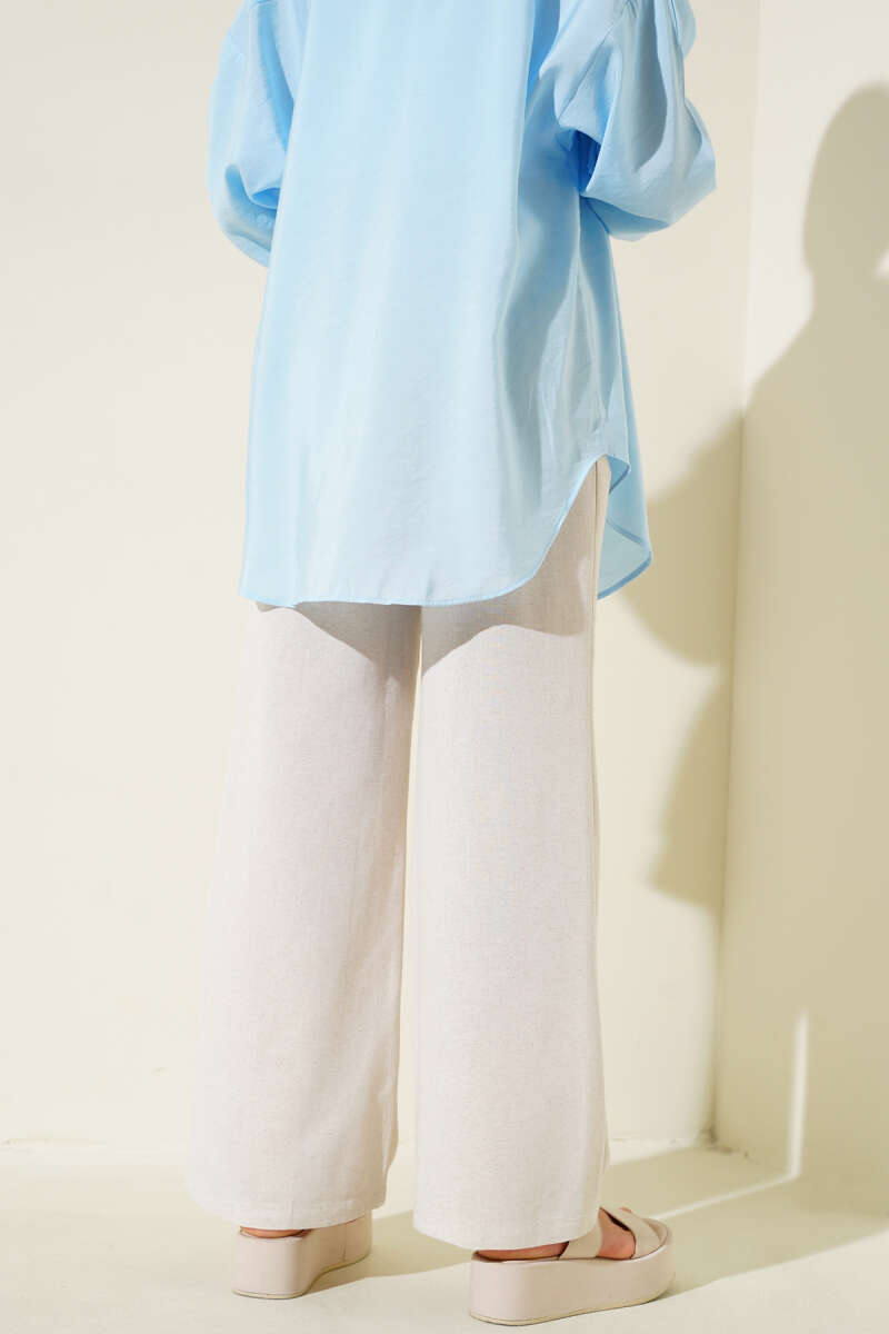 High-Waisted Belted Linen Trousers Beige – Bild 3