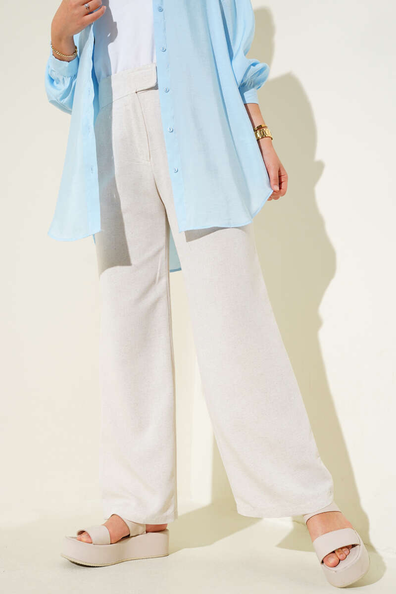High-Waisted Belted Linen Trousers Beige – Bild 2