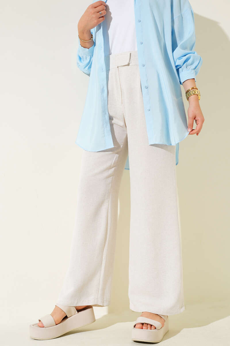 High-Waisted Belted Linen Trousers Beige