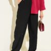 High-Waisted Belted Fabric Trousers with Stone Detail Black