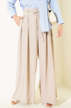 High-Waisted Tie-Belt Wide-Leg Trousers Beige