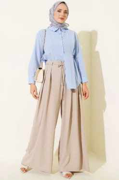 Alternative view of High-Waisted Tie-Belt Wide-Leg Trousers Beige