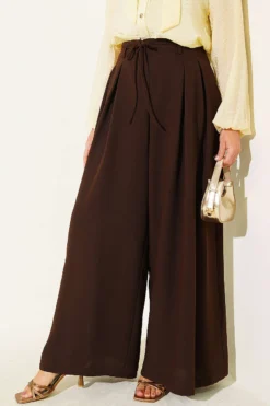 High-Waisted Tie-Belt Wide-Leg Trousers Brown