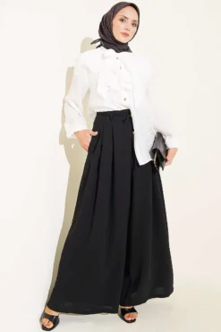 Alternative view of High-Waisted Tie-Belt Wide-Leg Trousers Black