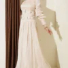 Belt Corset Detailed Stone Embellished Evening Dress Beige