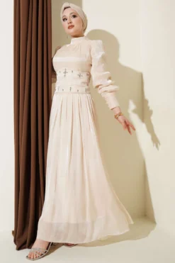 Belt Corset Detailed Stone Embellished Evening Dress Beige