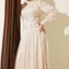 Belt Corset Detailed Stone Embellished Evening Dress Beige - Afbeelding 2