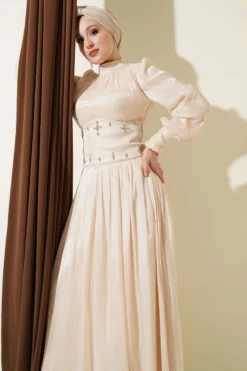 Alternatieve weergave van Belt Corset Detailed Stone Embellished Evening Dress Beige