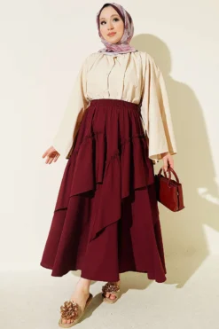 Alternative view of Gathered Hem Edge Skirt with Elastic Waistband Burgundy