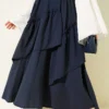 Gathered Hem Edge Skirt with Elastic Waistband Navy Blue