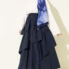 Gathered Hem Edge Skirt with Elastic Waistband Navy Blue - Afbeelding 2