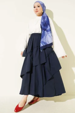 Alternative view of Gathered Hem Edge Skirt with Elastic Waistband Navy Blue