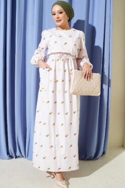Pineapple Patterned Dress with Elastic Waistband and Striped Design Yellow